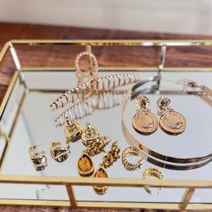 ✨Gold Jewelry & Accessory Bundle ~ 5 Earring Sets, 1 Choker Necklace, 1 Hairclip